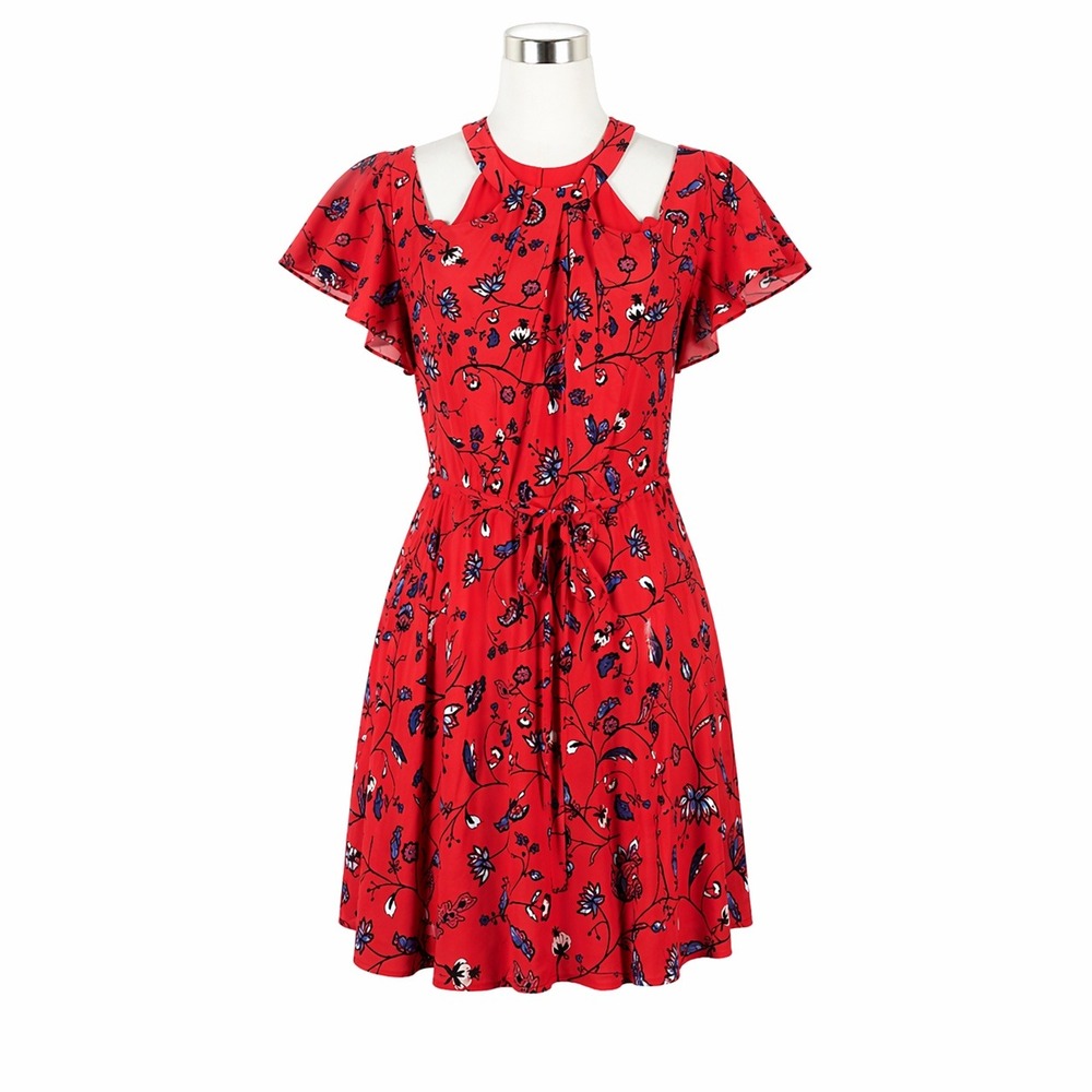 Shoshanna Dress Womens 2 Red Floral Boho Cold Shoulder Flutter‎ Sleeve Waist Tie